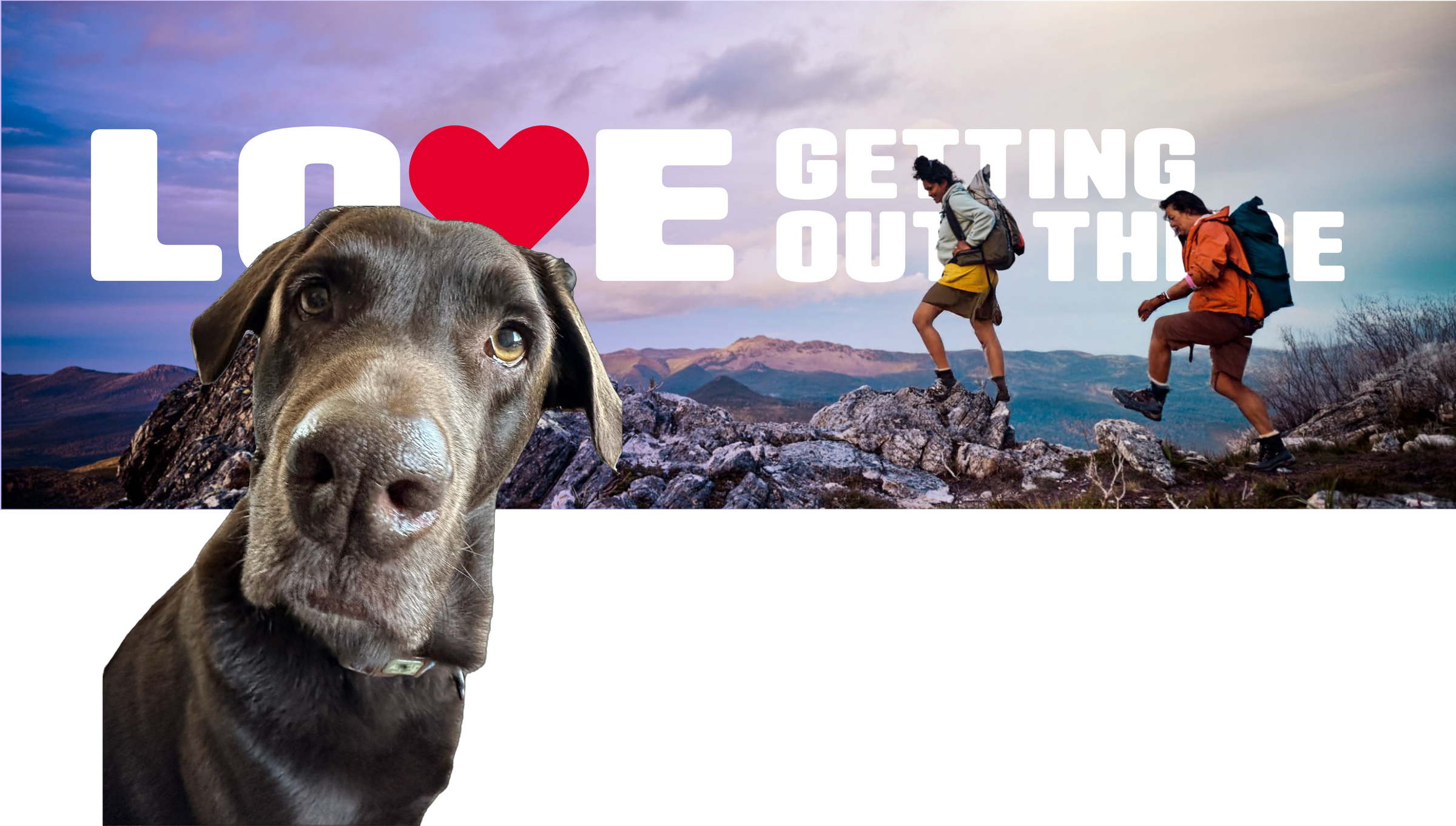 Love getting out there: a dog and hikers on a Tasmanian mountain